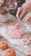 Sticker - A person putting icing on some cookies on a table