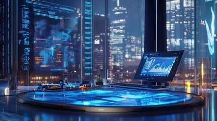 Futuristic workplace with glowing screens, a glowing desk, and a cityscape view at night.