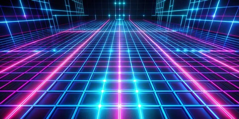 Sticker - Neon Grid Blue and Pink Lines, Digital Art, Abstract, 3D Rendering, Futuristic, Technology, 80s