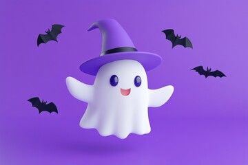 Wall Mural - 3D render of a cute, minimalistic cartoon ghost with a purple witch hat, flying on a solid color background with bats around it Generative AI