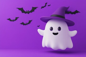 Wall Mural - 3D cartoon render of a cute, minimalistic white ghost character with a purple witch hat, floating on a solid violet background with flying bats around it Generative AI