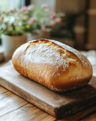 A rustic loaf of freshly baked bread with a golden crust and soft interior.