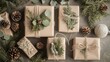 © TensorSpark - Eco-friendly christmas gift wrapping with natural elements like pine cones, greenery, and twine.