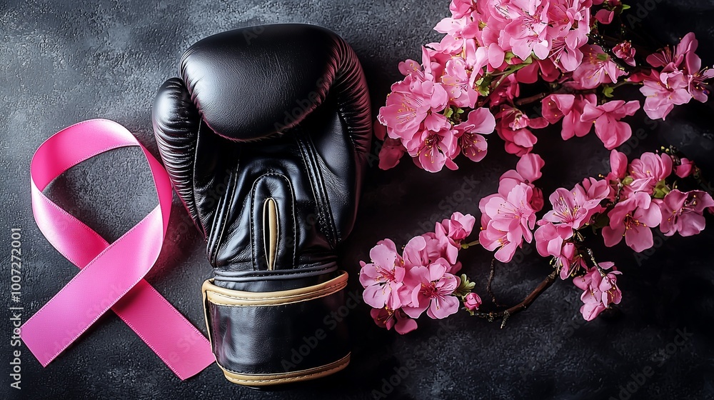Pink breast cancer awareness ribbon next to boxing gloves symbolizes ...