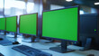 © Duaa - 3d realistic render of computer monitors with green screen in office chroma key stack of screens in modern work office with sunlight lighting indoor real atmosphere