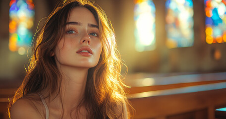 Wall Mural - A woman with long brown hair is sitting in a wooden pew in a church. She has a serious expression on her face