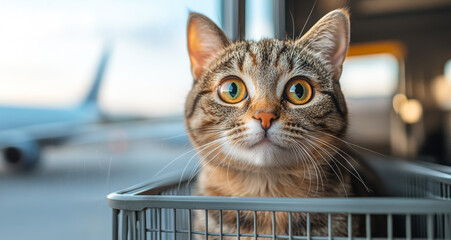 Wall Mural - A cat is sitting in a basket on the ground. The basket is on the ground next to an airplane