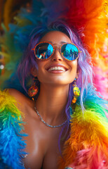 Wall Mural - Woman in fluffy feather outfit rainbow flag celebrating lgbtq rights. The image has a fun and colorful vibe, with the woman's outfit and accessories adding to the overall festive atmosphere