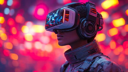 Wall Mural - A woman in a futuristic outfit is wearing a virtual reality headset. She is standing in front of a colorful background