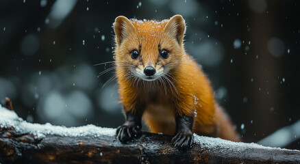 Wall Mural - A small brown fox is standing on a log in the snow. The image has a peaceful and serene mood, as the fox is alone and undisturbed in its natural habitat