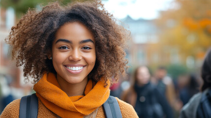 Poster - A woman with curly hair is smiling and wearing an orange scarf. She is standing in front of a building with a backpack on her back