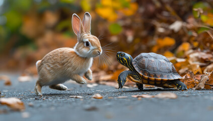 A rabbit and a turtle are playing together. The rabbit is running away from the turtle. The scene is playful and lighthearted