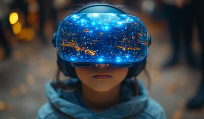 Wall Mural - A young girl wearing a virtual reality headset. The girl is looking at the camera. Concept of wonder and excitement as the girl experiences the virtual world