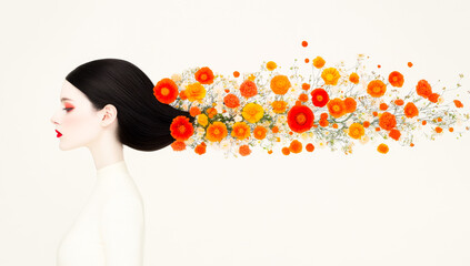 Wall Mural - A woman with a flowery headdress. The flowers are orange and yellow. The woman is wearing red lipstick