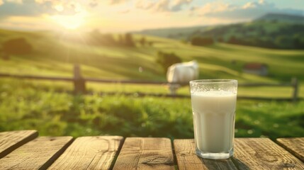 glass of milk on wooden table cow farm with grass