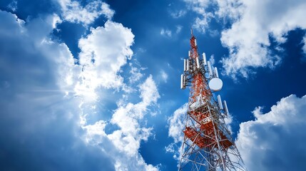 A towering red and white communication tower against a bright blue sky with scattered clouds, representing modern technology and connectivity.