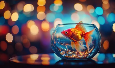 An orange goldfish in a round glass bowl with vibrant bokeh lights in the background, creating a stunning visual contrast between the animated fish and the glowing ambiance