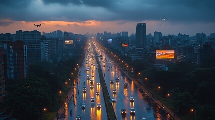 Urban skyline at dusk with traffic and drones.