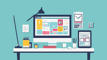 Modern Web Design and Development Workspace with Desktop and Tablet Interface, Conceptual Vector Illustration for UI/UX Designers and Developers