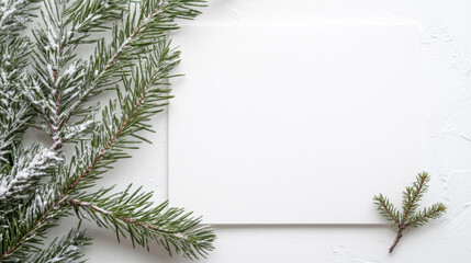 Wall Mural - christmas card mockup with fir branches, snowy pine, blank white paper, winter holiday concept
