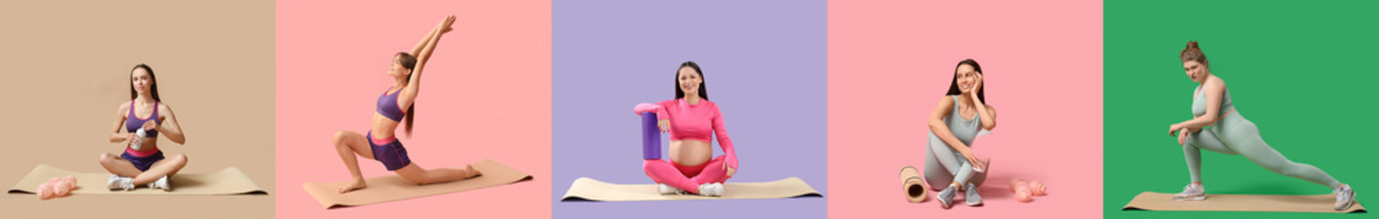 Canvas Print - Set of sporty women with yoga mats on color background