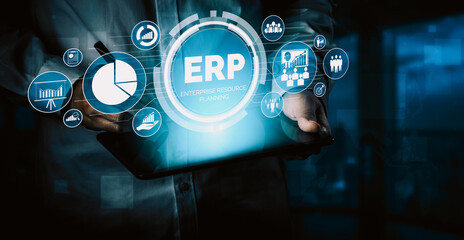 Enterprise Resource Management ERP software system for business resources plan presented in modern graphic interface showing future technology to manage company enterprise resource. uds