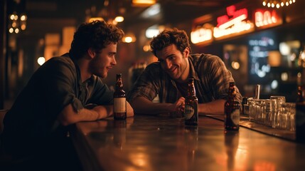 Two friends enjoying drinks and conversation at a lively bar in the evening, surrounded by warm lighting and a vibrant atmosphere