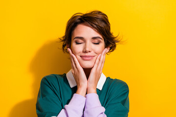 Sticker - Portrait of pretty nice young girl closed eyes empty space wear shirt isolated on yellow color background