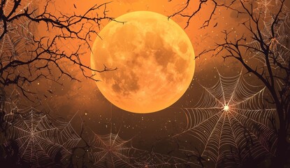Wall Mural - halloween background with spider webs and a full moon halloween card template, banner, or poster des