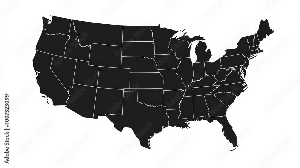black USA map with states isolated on a white background. United States ...