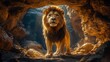 © YudhoStd - A majestic lion stands in the mouth of a cave, backlit by golden sunlight. The lion's mane is a symbol of strength and power.