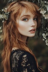 Wall Mural - Portrait of a beautiful young woman with long red hair and green eyes