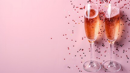 Wall Mural - Two champagne glasses with bubbles and scattered confetti on a pink background. Flat lay composition for celebration design with copy space for banners, posters, or marketing materials.