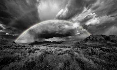 Sticker - A rainbow is seen in the sky above a field of grass