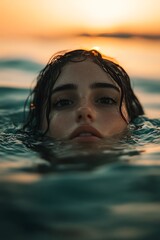 Sticker - Close up portrait of a woman swimming in the ocean at sunset. Beautiful serene woman with wet hair