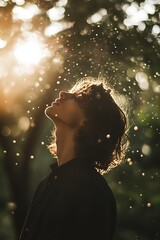 Poster - Silhouette of woman in rain with sun shining through