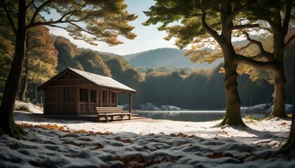 Wall Mural - Serene retreat in a snowy forest cabin, embodying solitude and tranquility amidst natures embrace