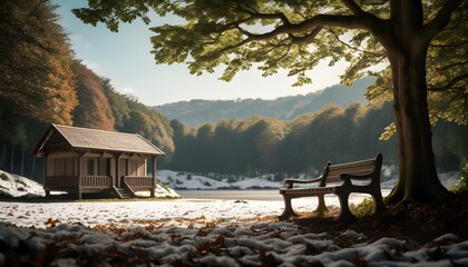 Wall Mural - Serene retreat in a snowy forest cabin, embodying solitude and tranquility amidst natures embrace