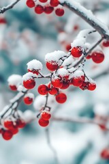 Poster - Red berries covered in snow on a branch, winter season, natural beauty