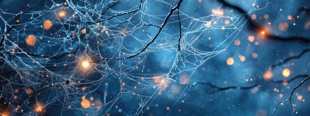 Wall Mural - a background with spider webs and twinkling lights, spooky halloween night scene generative ai