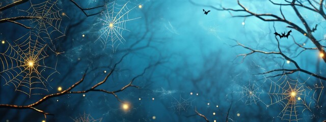 a blue background with golden spider webs in the foreground, glowing lights and bats on tree branches, halloween theme, fantasy style Generative AI