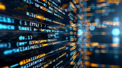 Elegant lines of programming code scroll down a computer screen with a captivating blue and orange glow, symbolizing the future of digital development and online communication