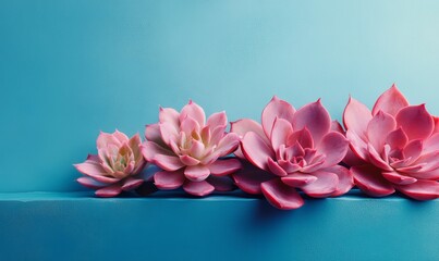 Wall Mural - Studio shot of pink colored succulent plants lying on top of blue ledges