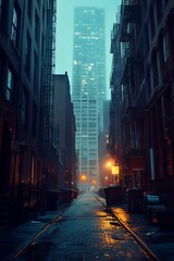 Poster - Rainy Alleyway in a City with Tall Building in the Background