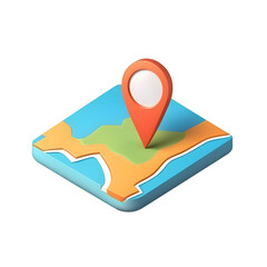 A 3D map pointer icon in a cartoon style floating and isolated on a transparent or white background.