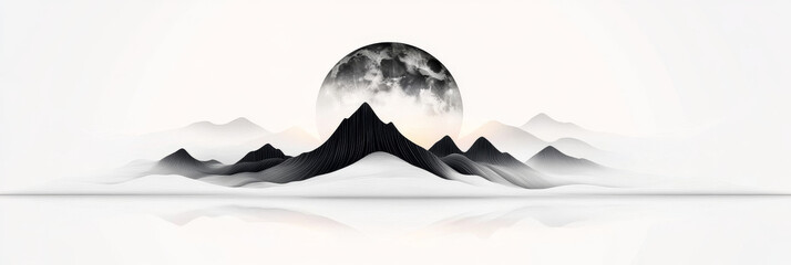 Poster - Black and white abstract mountain landscape with a full moon.