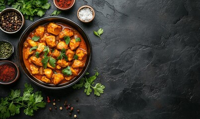 Wall Mural - Chicken tikka-masala. Traditional for Indian cuisine curry and ingredients on a dark background. Curry,