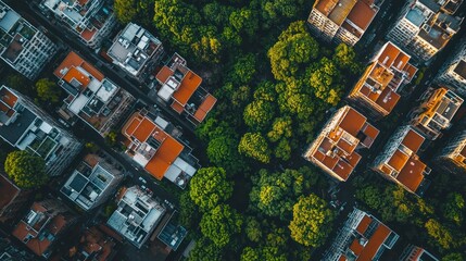 Aerial view of urban city blocks with green trees