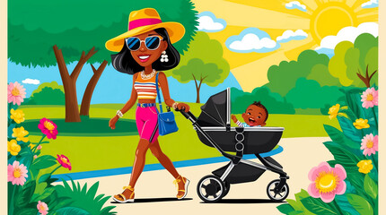 Stylish young mother walking with a stroller in the park in summer, cartoon style, flat design illustration