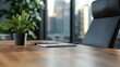© Lens Legacy - An elegant executive desk arrangement showcasing a plant and clipboard, symbolizing professionalism and style in a sophisticated office space with city views.